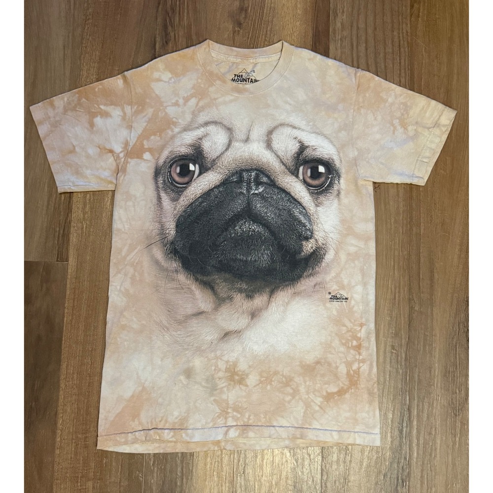 The Mountain Pug Face T-Shirt S Tan Tie Dye Vincent Hie Big Face Dog Animal Tee